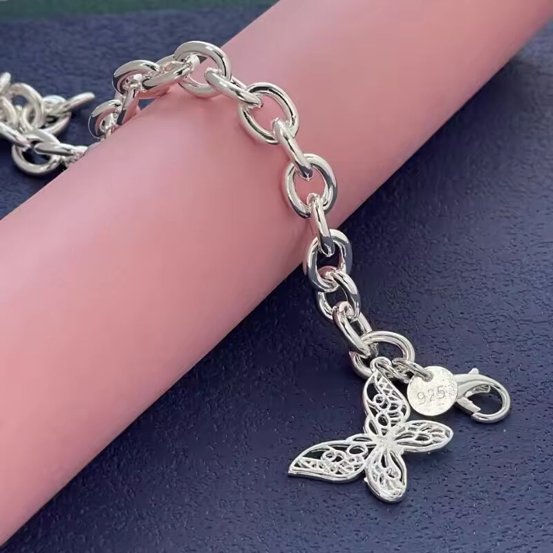 Pretty 925 sterling Silver Butterfly Bracelet for women lady men DIY New popular original wedding jewelry Valentine's Day Gifts