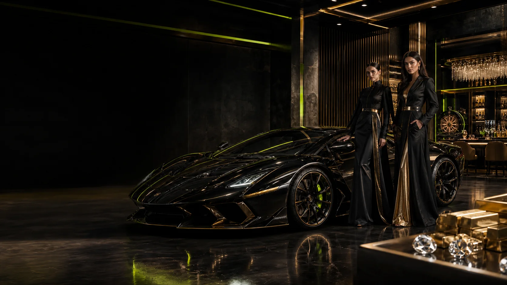 Black luxury supercar with two adult fashion models in a graphite, lime and gold Dieselwin Casino lounge